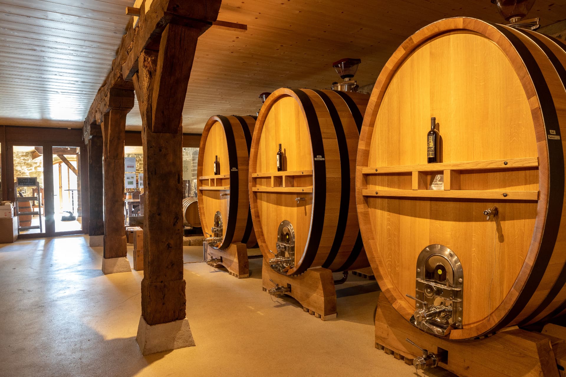 Cave voûtée et barriques de vin